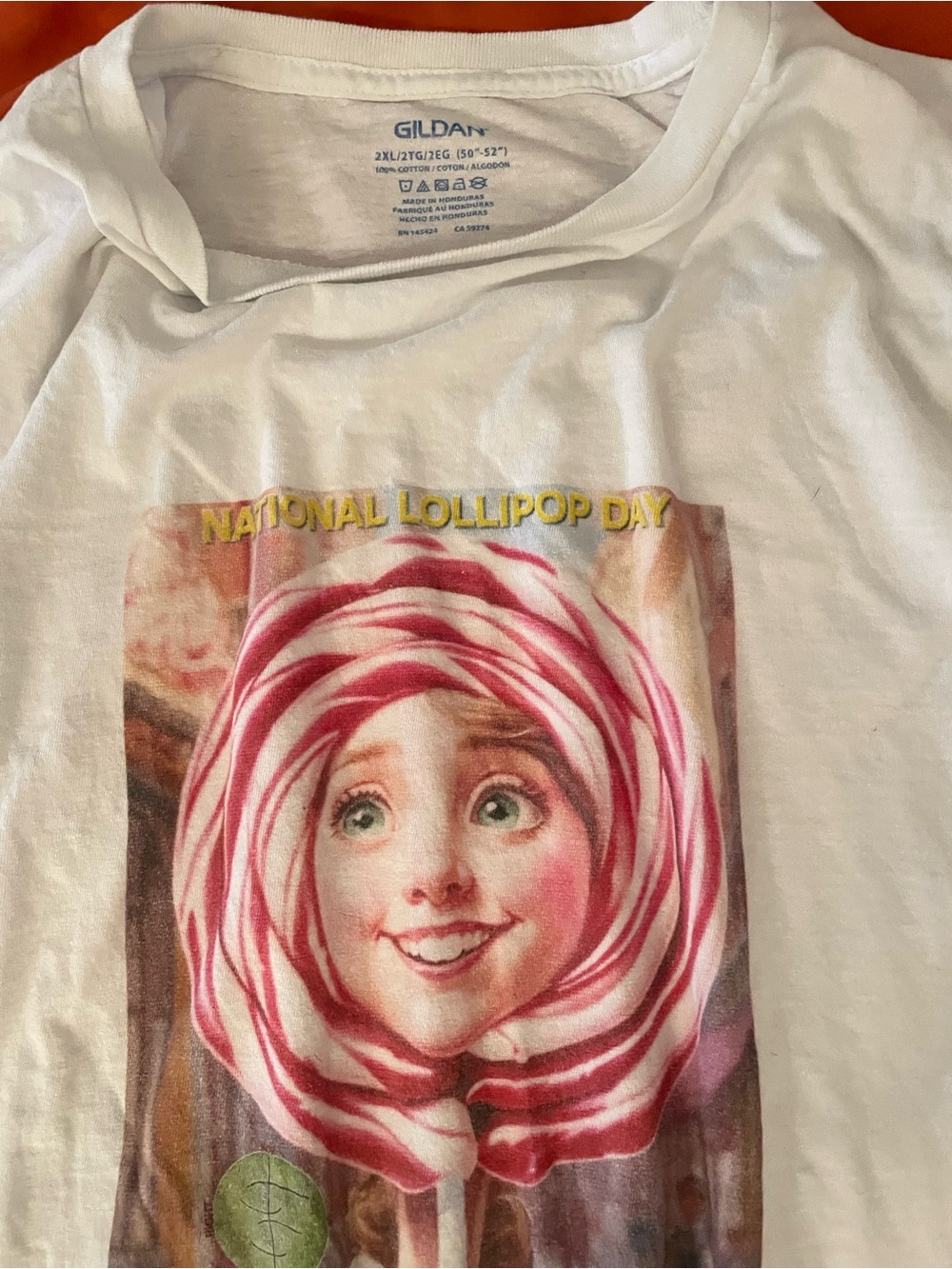Gildan White Kids Tee with Pink and Red Lollipop Girl Graphic